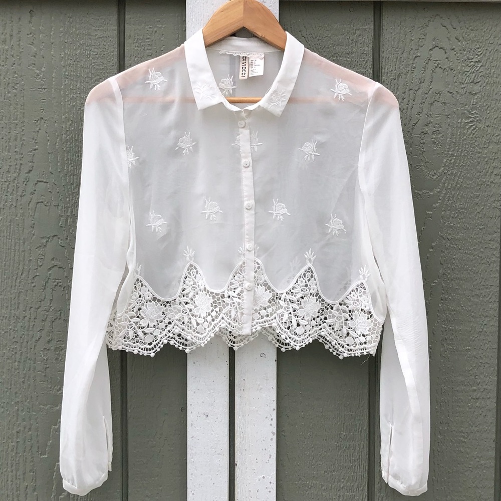 H&M Crop Button Down w/Crochet & Embroidery Detail